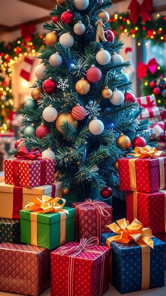 A Christmas tree with gifts for teenagers, including headphones, books, and clothing, in a festive setting.